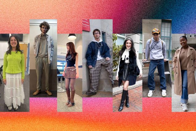 Photo: A composite image of 7 fashionably dressed students with a colorful background