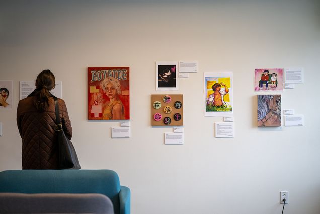 4/11/25 -- Boston, Massachusetts Artwork on display at the LGBTQIA+ Student Resource Center April 11. The exhibit called Trans & Gender Expansive Art Showcase, is co-sponsored by BU’s LGBTQIA+ Student Resource Center and BU Arts Initiative and will be up until late April. Photo by Cydney Scott for Boston University Photography
