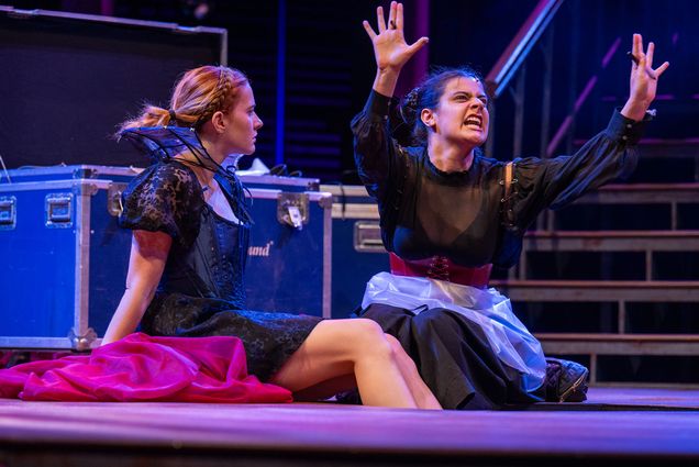 Ella Benjamin (CFA’25) as Desdemona (left) and Lana Breheney (CFA’25) as Emilia in CFA’s DESDEMONA a play about a handkerchief, which runs at the Joan & Edgar Booth Theater April 16 to 19.