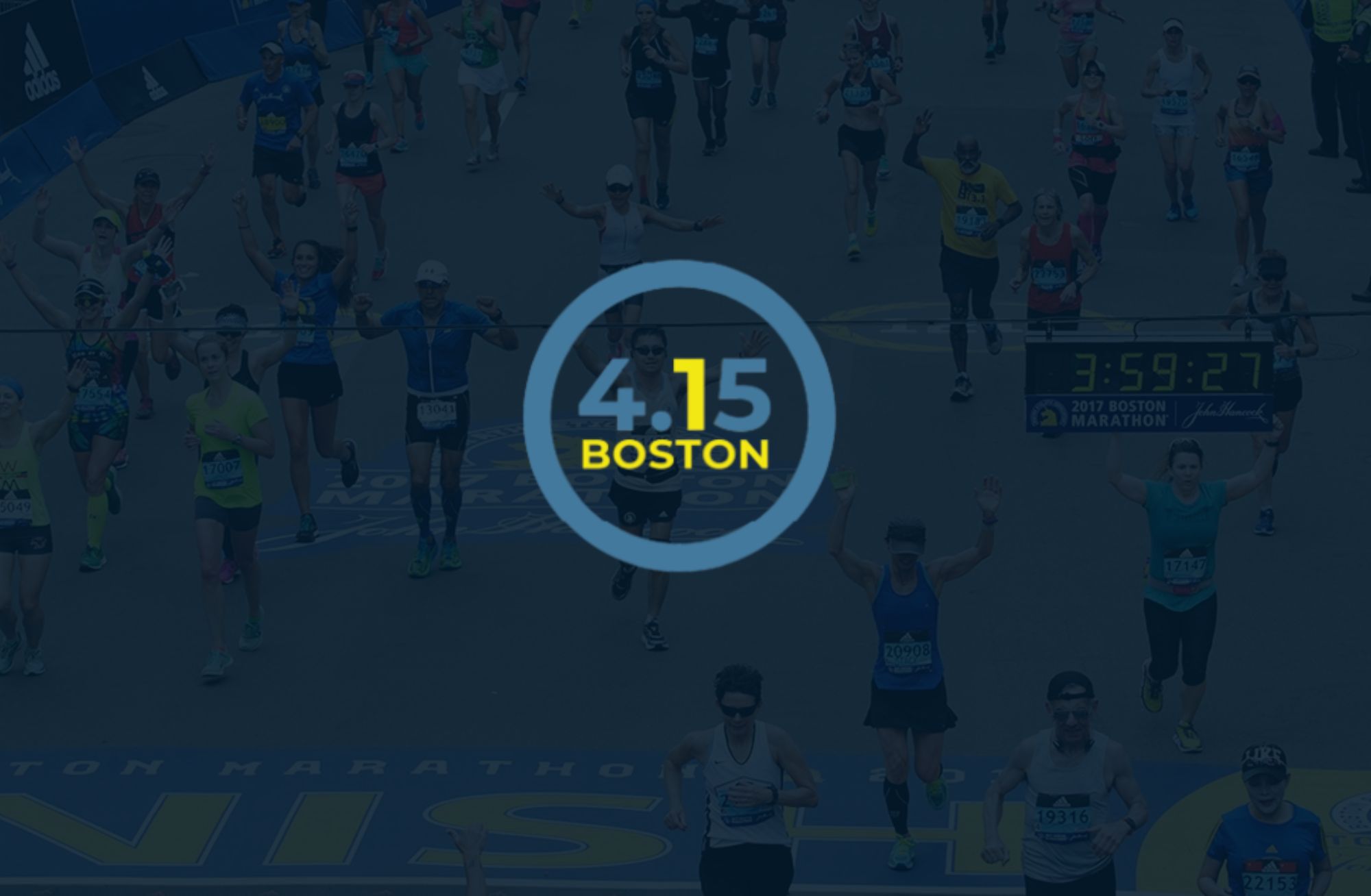 A group of marathon runners approaching the finish line at the Boston Marathon. The image is overlaid with a circular graphic in the center displaying "4.15 BOSTON", which stands for One Boston Day, in blue and yellow text.