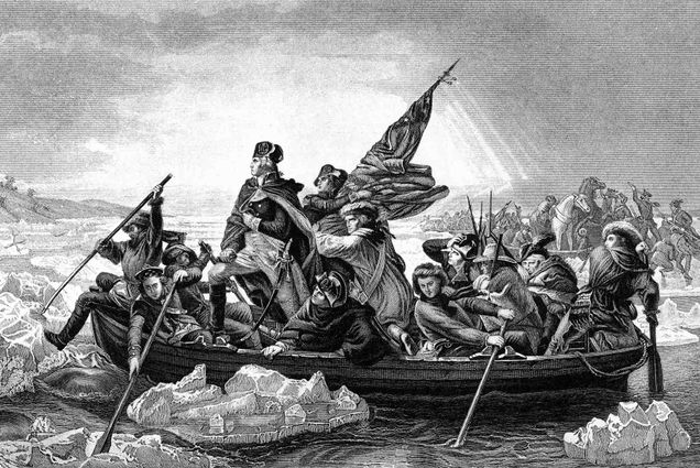 Photo: An engraved illustration of George Washington crossing the River Delaware during the American Revolutionary War