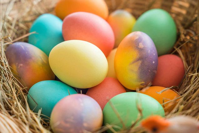 Photo: A basket of colorful dyed eggs.
