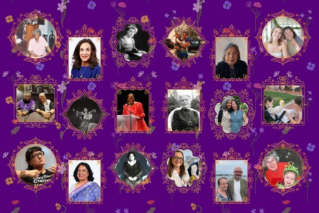 Photo: A collage with a purple floral background and 18 different pictures of various women