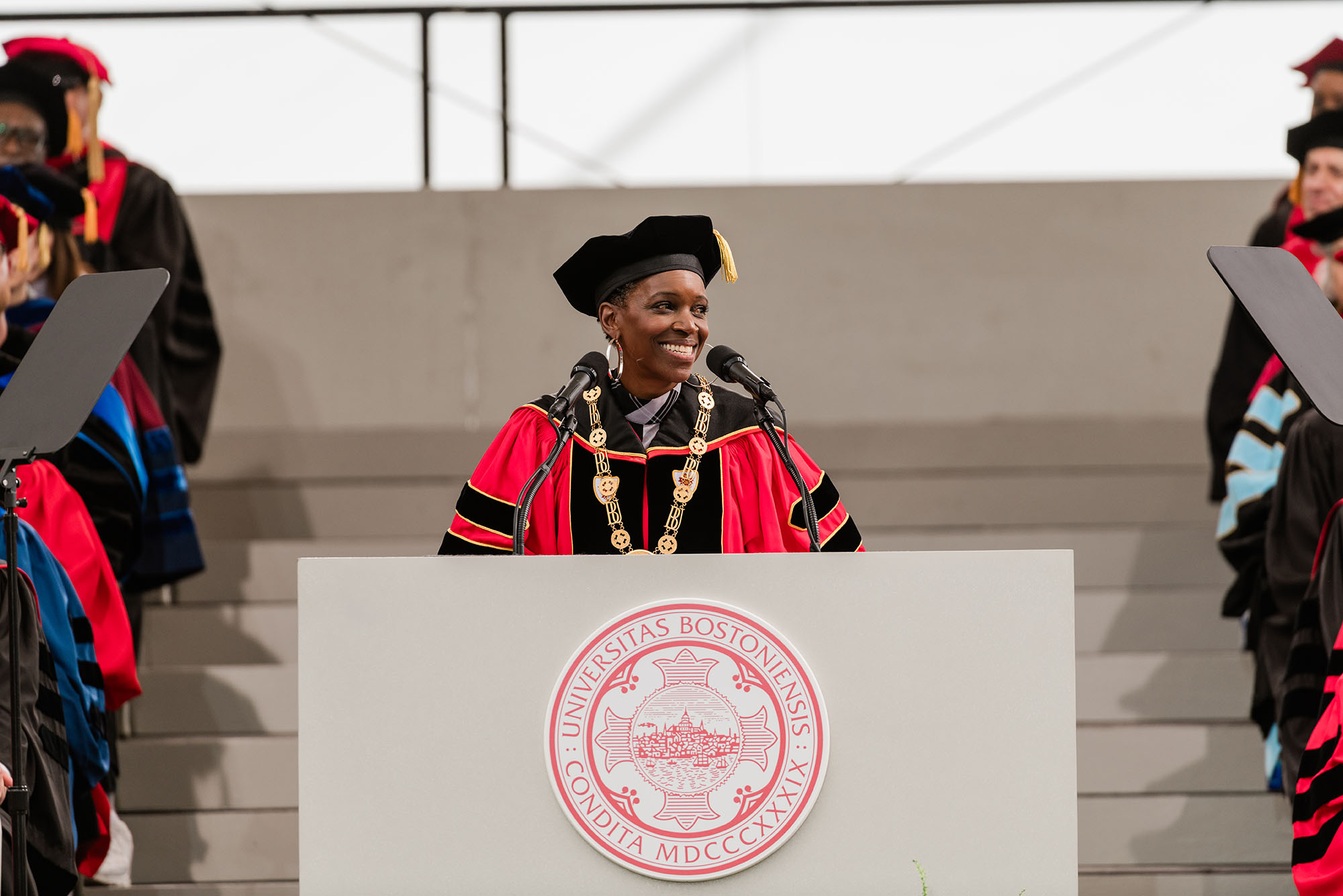 Photo: 梅丽莎Gilliam, BU's president, addresses the Class of 2025 at their graduation ceremony.