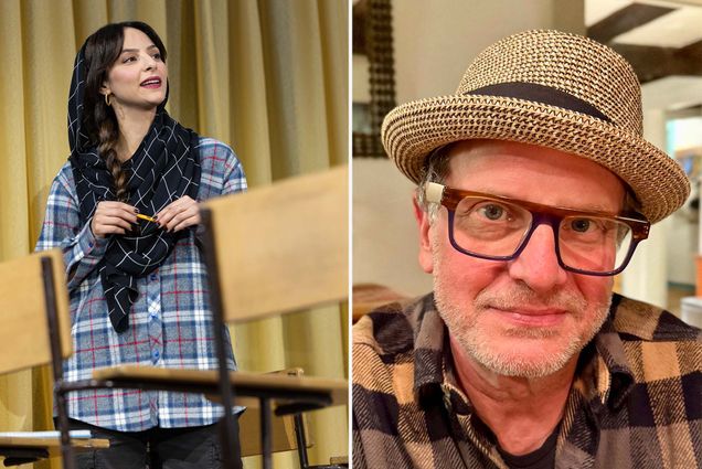 Photo: A collage of two individuals: on the right, a woman with a scarf over her head wearing a plaid shirt and on the left, a white man wearing a wicker fedora and black frame glasses.