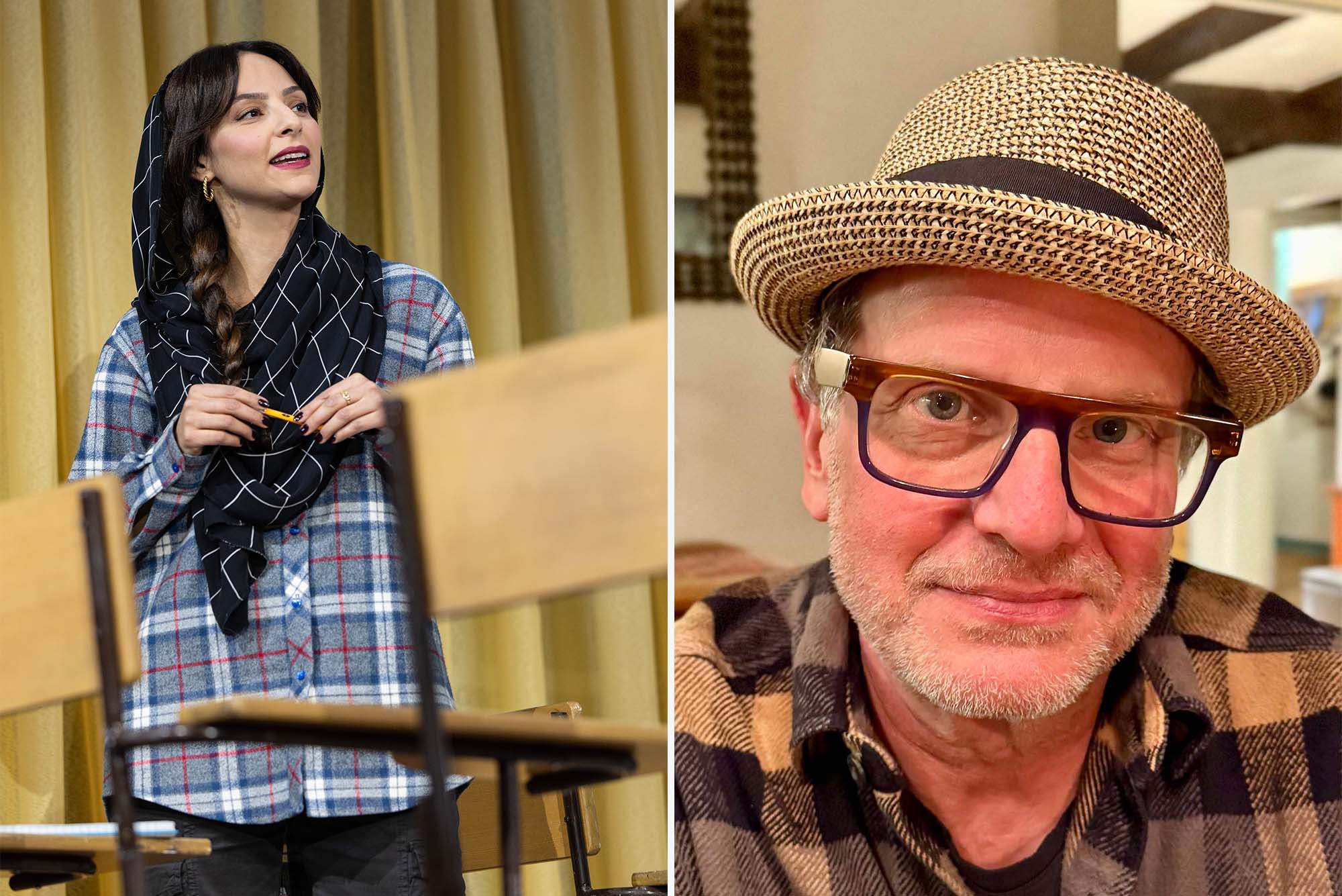 Photo: A collage of two individuals: on the right, a woman with a scarf over her head wearing a plaid shirt and on the left, a white man wearing a wicker fedora and black frame glasses.