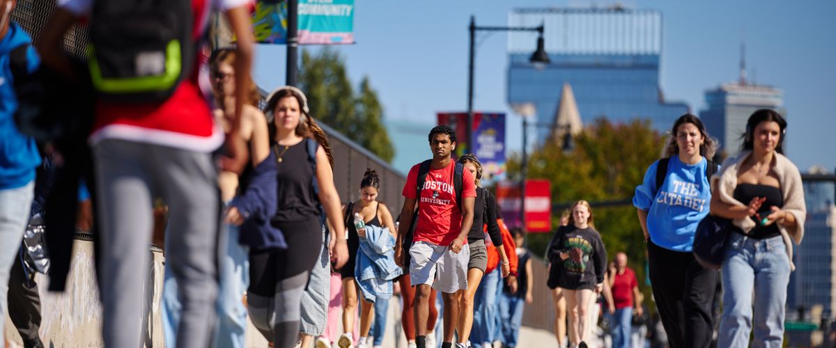 BU Students walking on BU Bridge