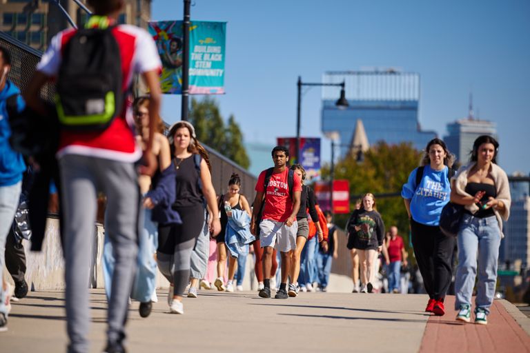 BU Students walking on BU Bridge