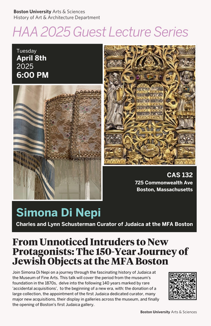 Poster advertisement for the guest lecture featuring ornate fabric and metalwork. 