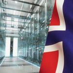 Working Data Center With Rows of Rack Servers Connected with LAN Connection Visualisation Lines, plus photo of Norway's flag