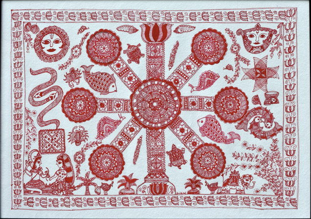 Red and white hand drawn folk art in Madhubani style.
