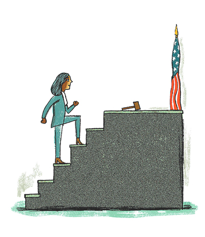 woman climbing up stairs towards gavel and American flag