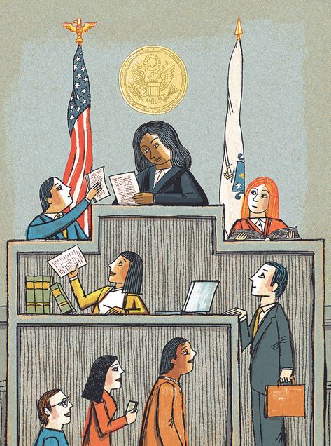 Illustration of a judge with clerks