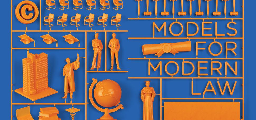 An image from inside The Record, spring 2023: An orange snap model kit with gavels, jury seats, law graduates, a globe, the BU Law tower, and other items related to the practice of law sit against a blue background.