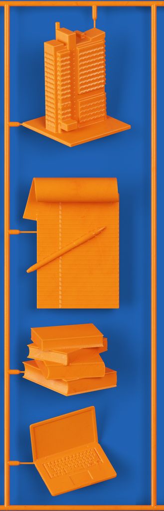 An image from inside The Record, spring 2023: An orange snap model kit with the BU Law tower, a legal notebook, books, and a laptop sit against a blue background.