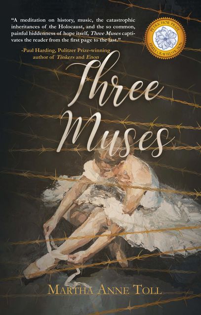 The cover of Martha Ann Toll's book: a ballerina ties her pointe shoes against a brown background with barbed wire in the foreground.