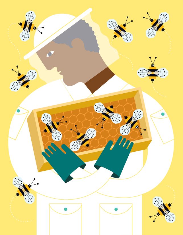 An illustration of a beekeeper swarmed by digital bees