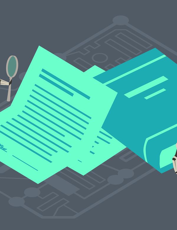 Illustrated AI robots sit with laptops and inspect documents with magnifying glasses