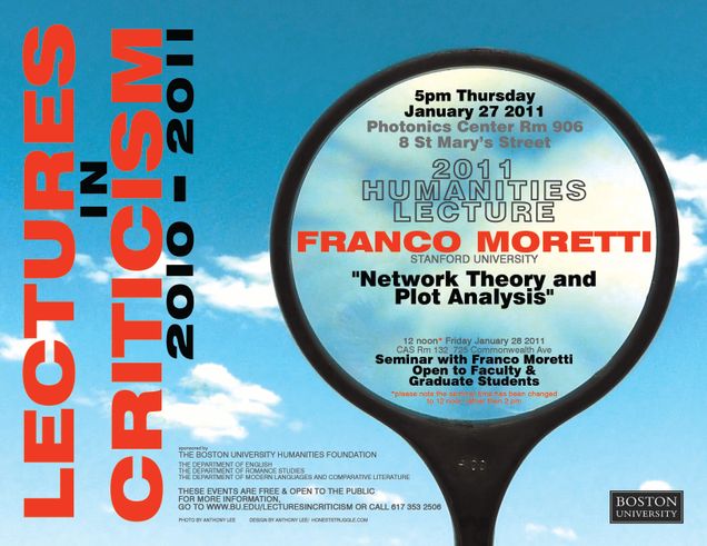 Promotional poster for a past Lectures in Criticism event. The speaker is Franco Moretti from Stanford University giving the Humanities Lecture titled “Network Theory and Plot Analysis” on Thursday, January 27, 2011 at 5pm in PHO 906, 8 St. Mary’s Street and the Humanities Seminar on Friday, January 28, 2011 at 12pm in CAS 132, 725 Commonwealth Avenue. The event is sponsored by the BU Humanities Foundation and the Departments of English, Romance Studies, and Modern Languages and Comparative Literature. The event is free and open to the public.