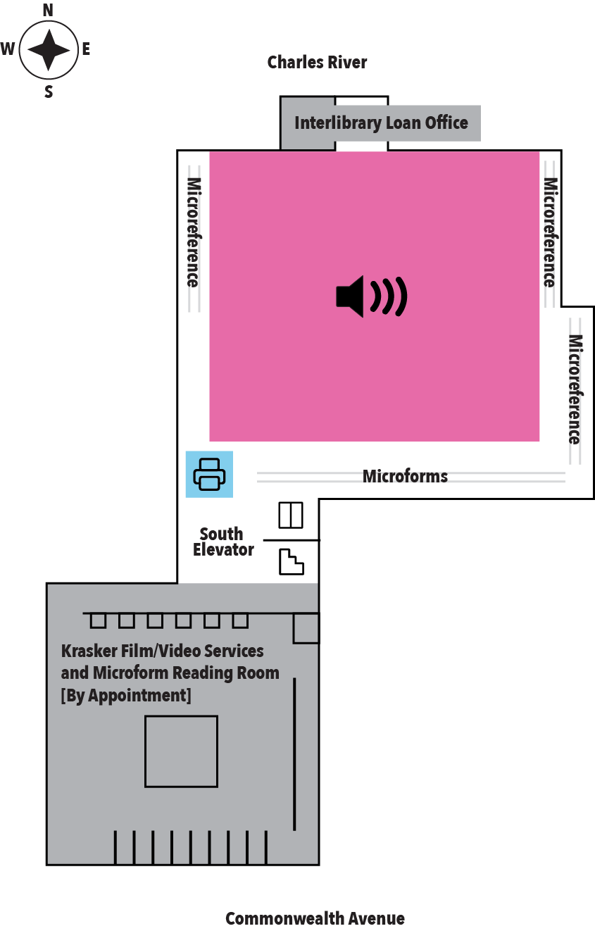 diagram showing the layout of the basement of the Mugar Memorial Library