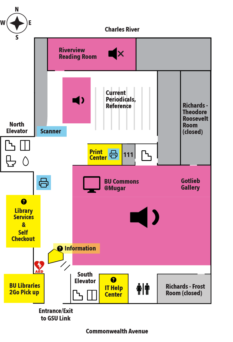diagram showing the layout of the first floor of the Mugar Memorial Library
