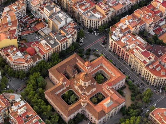 Aerial view of city streets and buildings