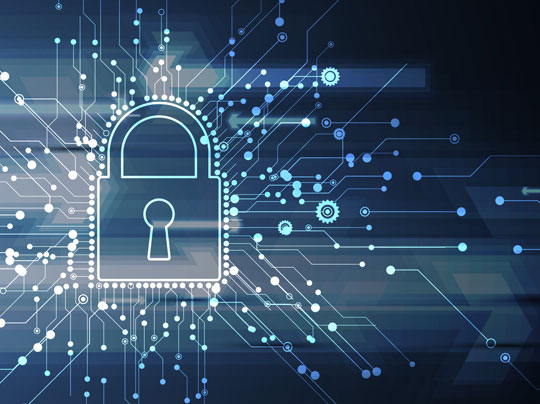 An computer focussed graphic image with a padlock to emphasize Cybersecurity programs at BU MET.