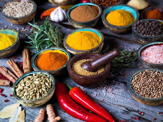 A colorful collection of herbs, spices, peppers, and a prep area for cooking to represent the Gastronomy & Food Studies programs at Boston University.