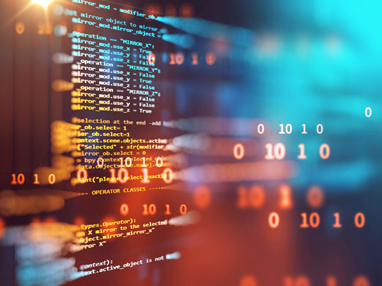 A modern graphic showing lines of code on a screen to represent Software Development opportunities at Boston University's Metropolitan College.
