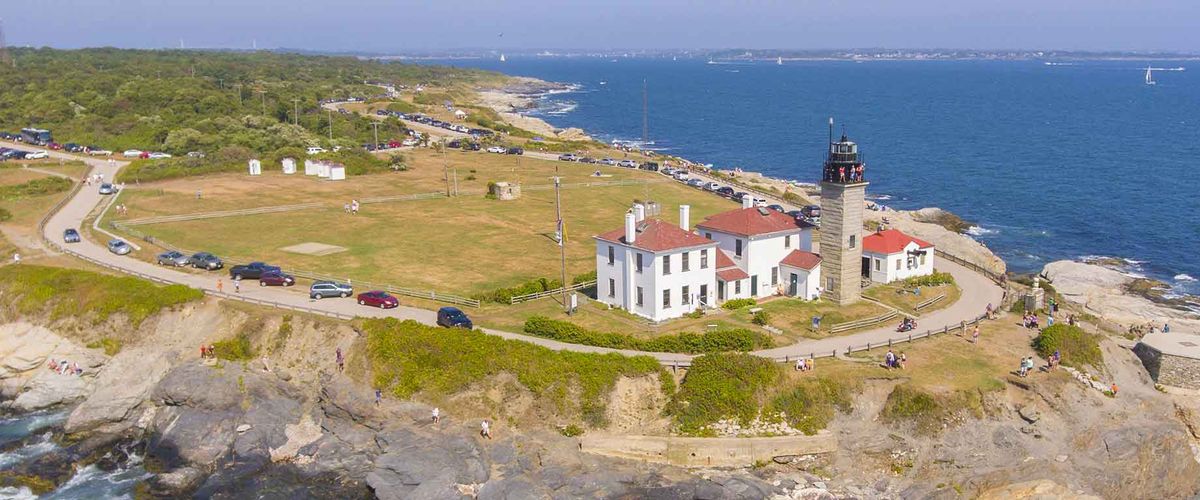 Aerial view of Beavertail Lighthouse in Jamestown, Rhode Island