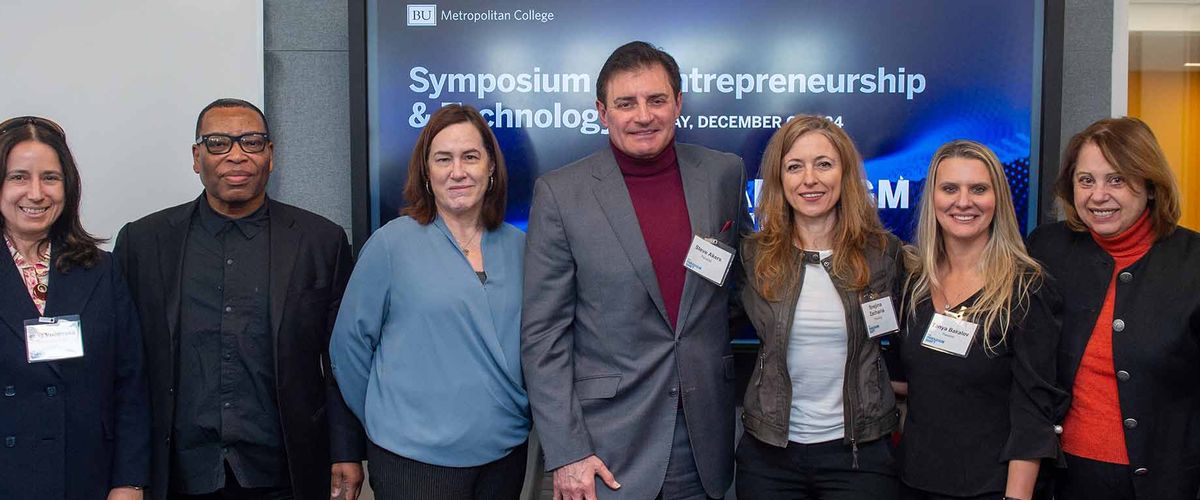 Presenters at the second annual Symposium on Entrepreneurship & Technology pose for a group photo