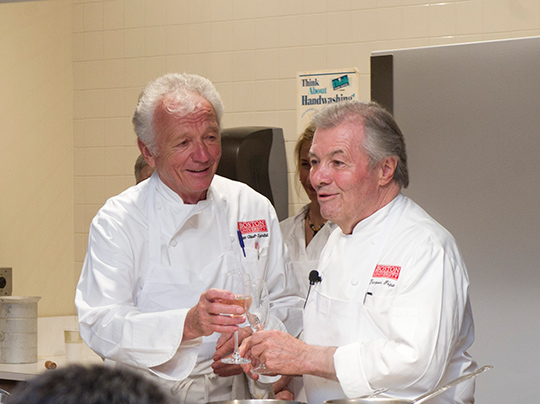 Jean-Claude Szurdak teaching alongside Jacques Pépin as part of BU’s Programs in Food & Wine.