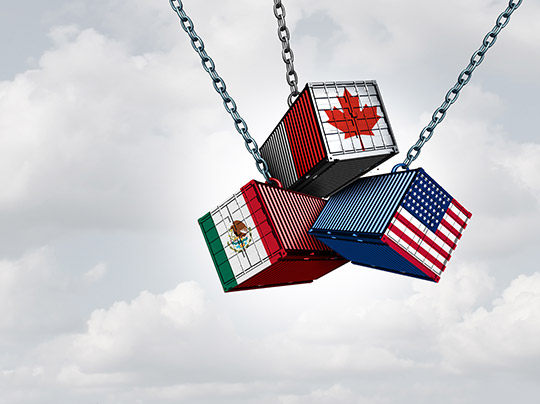 3D illustration of the Canadian, Mexican, and American flags displayed on cargo containers