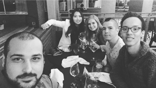 Out to dinner with friends and classmates in Boston.