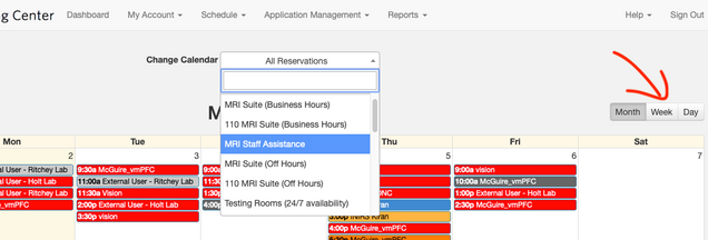 How to choose a calendar, and where to select Week View.