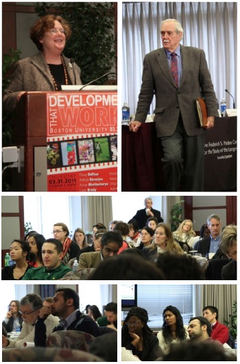 Pardee-Development-05 Dean Virginia Sapiro (BU College of Arts and Sciences), Prof. John Harris (Economics) and members of the audience during the lunch session at the 'Development that Works' conference.
