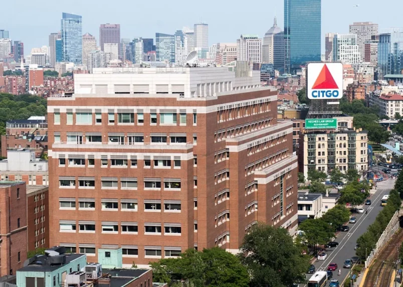 BU campus building with famous Boston Citgo sign in background