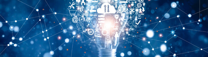 Hand holding light bulb and business digital marketing innovation technology icons on network connection, blue background