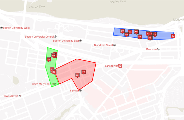 map showing lovations of faculty and staff apartments at Boston University