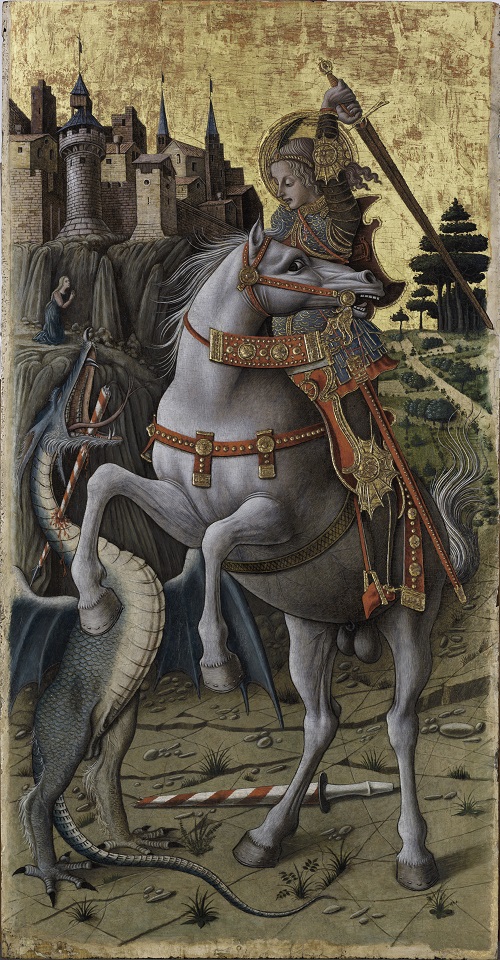 Carlo Crivelli, 圣乔治屠龙记, 1470, gold, silver and tempera 在 panel, 37 in. x19英寸。 伊莎贝拉·斯图尔特·加德纳博物馆,波士顿(由伊莎贝拉·斯图尔特·加德纳博物馆提供)。