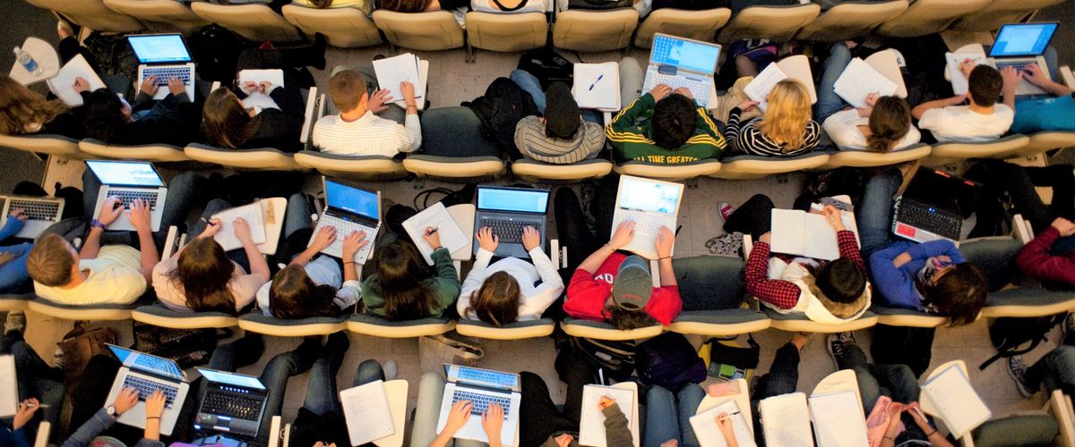 Overhead shot of a classroom with students learning