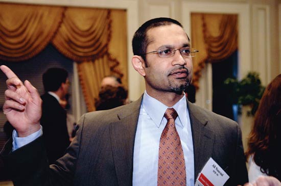 Ali Noorani during Young Alumni Award ceremony. (Bostonia photo by Fred Sway)
