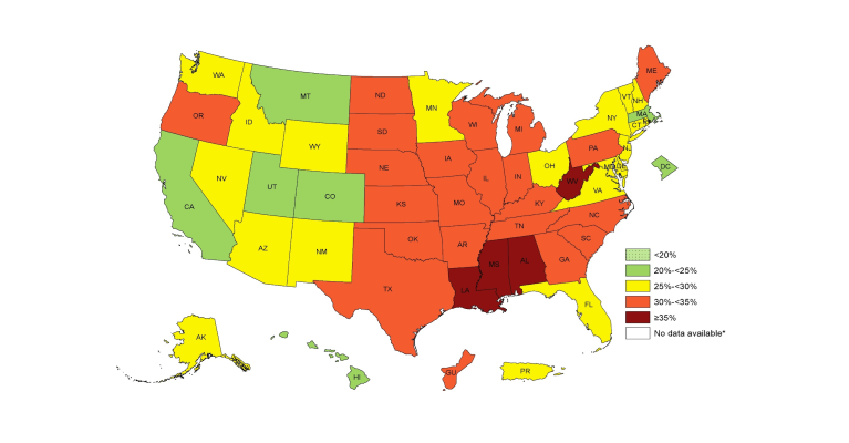 Figure 2. Prevalence of Self-Reported Obesity Among US Adults by State and Territory, BRFSS, 2015 Adult Obesity Prevalence Maps. Centers for Disease Control and Prevention Web Site. https://www.cdc.gov/obesity/data/prevalence-maps.html Accessed January 11, 2017.