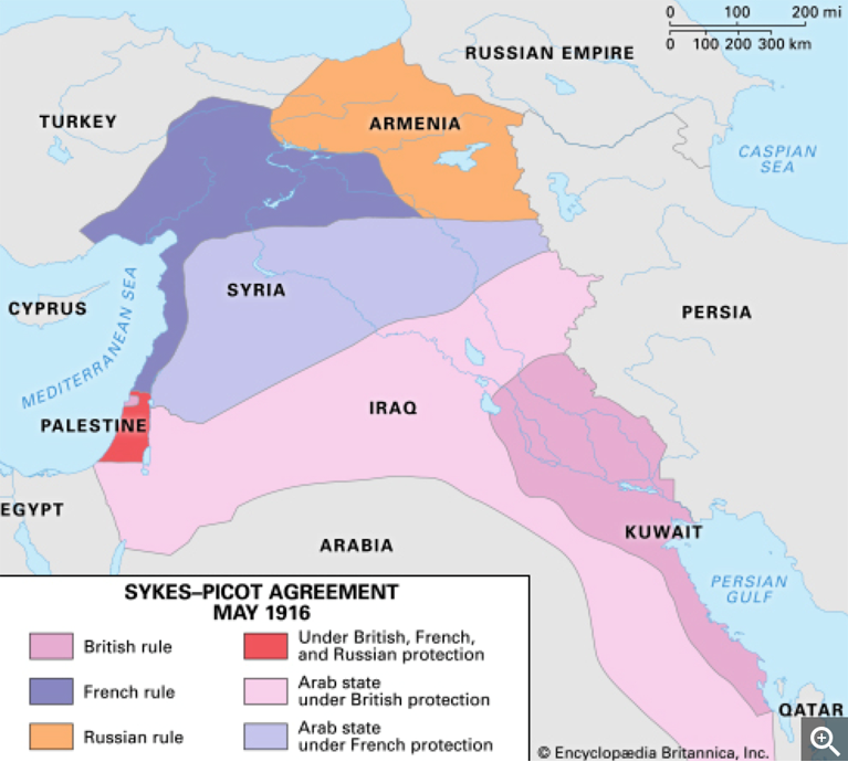 Figure 1. Map of the Sykes-Picot Agreement Sykes-Picot Agreement. Encyclopædia Britannica Web site. https://www.britannica.com/event/Sykes-Picot-Agreement Accessed February 22, 2017.