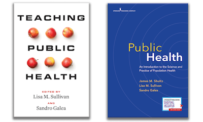Side-by-side book covers for Teaching Public Heath and Public Health: An Introduction to the Science and Practice of Population Health