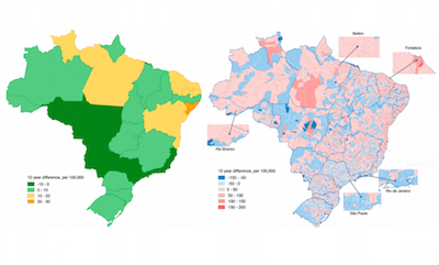 Changes in homicide in Brazil by state and municipality, 2000-2014
