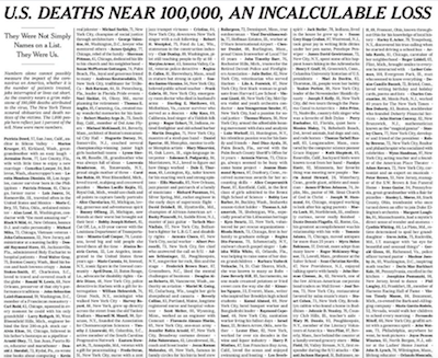 US COVID Deaths May Be Undercounted by 20 percent - NY Times COVID deaths front page at 100,000