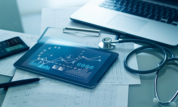 Healthcare business concept, Medical examination and growth graph data of business on tablet with doctor's health report clipboard on background.