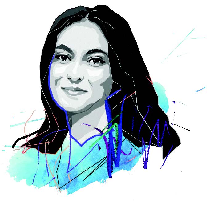Black and white illustration of Moneesha Dasguta with colourful lines outlining the image