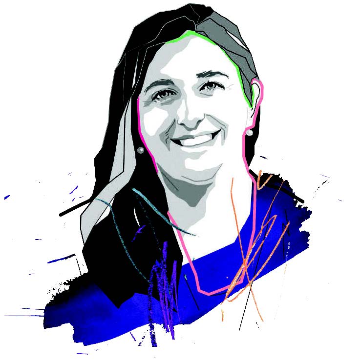 Black and white illustration of Sigalle Reiss with colourful lines outlining the image